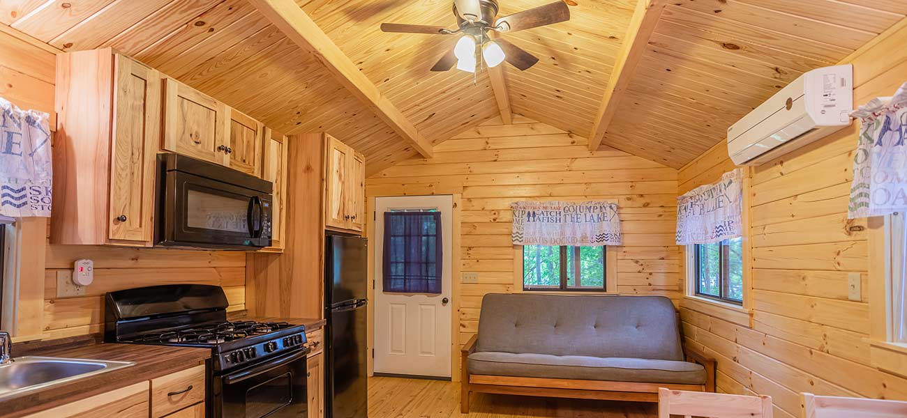 Interior of a cozy cabin at Panther Lake Camping Resort featuring wooden walls, kitchenette with stove and microwave, a futon, and air conditioning, emphasizing comfort and nature.