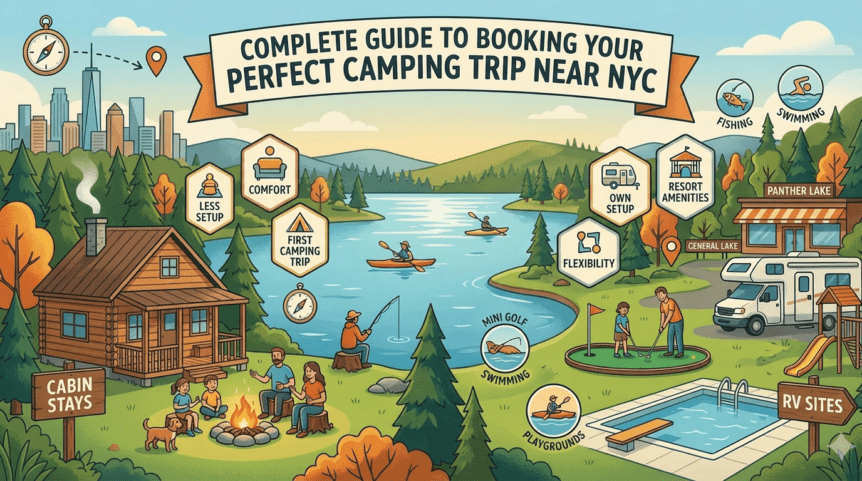 Infographic guide for booking a camping trip near NYC, highlighting cabin stays, RV sites, and activities like swimming, fishing, and mini golf at Panther Lake.