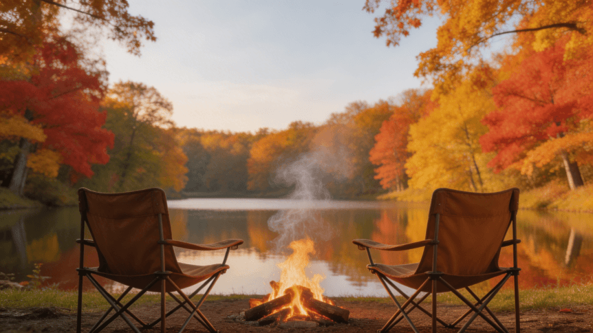 Autumn campground with colorful foliage and campfire by a lake in New Jersey