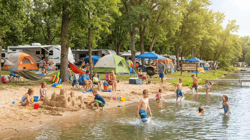 Kids playing and swimming at a family-friendly campground lake with beach and outdoor activities