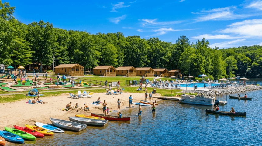 Sunny lakeside park with families relaxing, swimming, and boating along a sandy beach. Cabins, a playground, and a pool sit beside the water, surrounded by lush green trees.