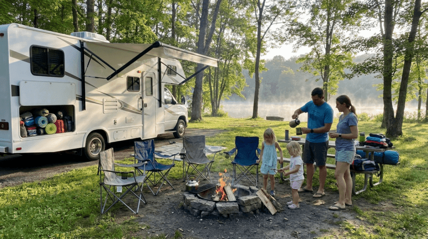 Family enjoying spring camping season beside an RV with a campfire, picnic table, and lakeside forest view.